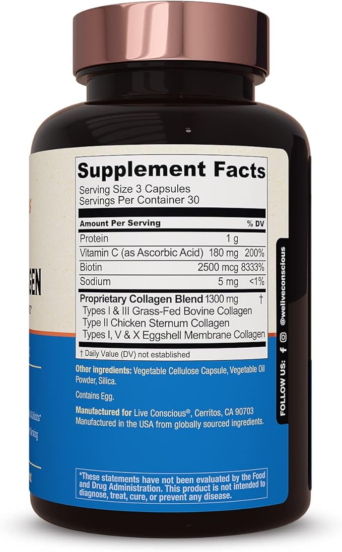 Live Conscious Beyond Collagen Multi Collagen Capsules - Types I, II, III, V & X | Hydrolyzed Blend with Biotin & Vitamin C for Hair, Skin, Nails 90 Capsules (2-Pack)