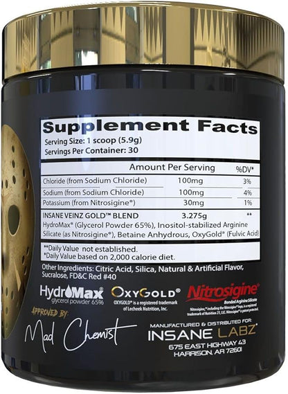 Insane Labz Psychotic Gold and Insane Veinz Gold Pre Workout Nitric Oxide Booster Stack, Increase Muscle Mass, Vascularity, Strength, Energy, Focus, Gummy Candy and Fruit Punch.