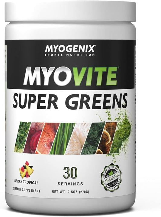 Myogenix MyoVite Super Greens Supplement Powder Super Greens Powder for Men and Women, Daily Vitamin Supplement for Optimum Nutrition, Grown in USA, Organic Greens Supplements, 30 Servings