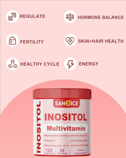Inositol Multivitamin Capsules, 2000mg Myo-Inositol & 50mg D-Chiro Inositol 40:1 Blend, Inositol Supplement with Omega 3 for Women (120 Capsules)