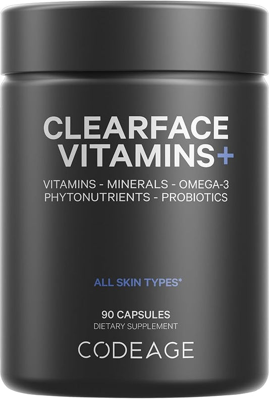 Codeage Clearface Pantothenic Acid, Niacin Supplement, Vitamins A, C, D3, E, Probiotics, Zinc, Riboflavin, Thiamin, L-Lysine HCL & Omega-3, Niacinamide, Skin Botanical Blend - Non-GMO - 90 Capsules