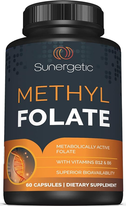 Sunergetic Premium Methyl Folate Supplement – with Methylated Vitamin B12 and Vitamin B6 – Metabolically Active Folate as Magnafolate - Methylfolate 400 mcg per Capsule – 60 Capsules