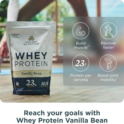 Ancient Nutrition Grass Fed Whey Protein, 23g Protein, Hydrolyzed Collagen Peptides, Organic Regenerative A2/A2 Milk Protein (35 Servings, Vanilla Bean)