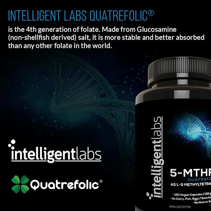 Intelligent Labs 1MG 5-MTHF Methylfolate, 120 Capsules, 4 Months Supply, Best Value Folic Acid Supplement as Quatrefolic Acid, Activated Folate, 1MG = 1000mcg, 5 methyltetrahydrofolate