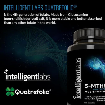 Intelligent Labs 1MG 5-MTHF Methylfolate, 120 Capsules, 4 Months Supply, Best Value Folic Acid Supplement as Quatrefolic Acid, Activated Folate, 1MG = 1000mcg, 5 methyltetrahydrofolate