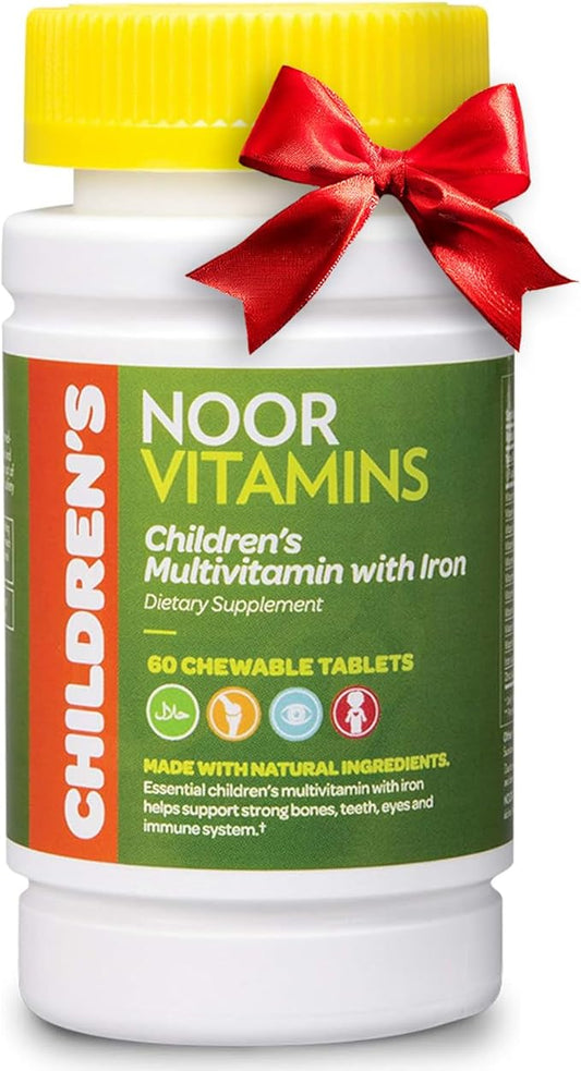Noor Vitamins Halal Kids Multivitamin Chewable: Essential Vitamins for Immune, Bone & Eye Health with Iron - Non GMO & Gluten Free - Halal Vitamins 60 Count (2 Month Supply)