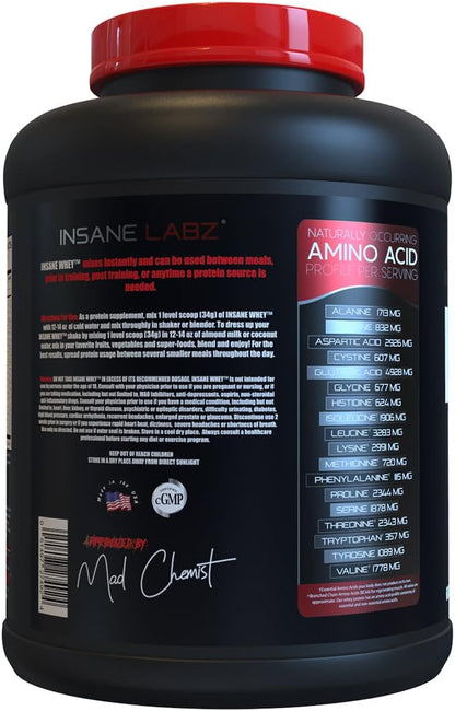 Insane Labz Insane Whey,100% Muscle Building Whey Protein, Post Workout, BCAA Amino Profile, Mass Gainer, Meal Replacement, 5lbs, 60 Srvgs, (Birthday Cake)
