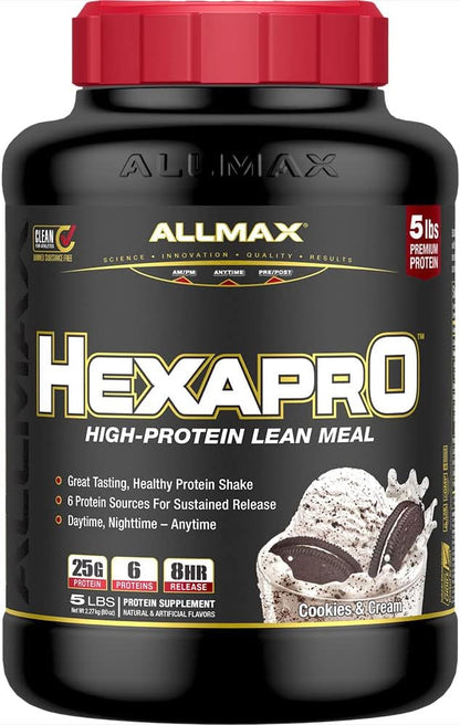 ALLMAX HEXAPRO, Cookies & Cream - 5 lb - 25 Grams of Protein Per Serving - 8-Hour Sustained Release - Zero Sugar - 52 Servings