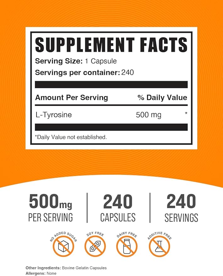 BulkSupplements.com L-Tyrosine 500mg Capsules - Tyrosine Supplement, L-Tyrosine Capsules - Amino Acid Supplement, Gluten Free, 1 Capsule per Serving, 240 Capsules (Pack of 1)