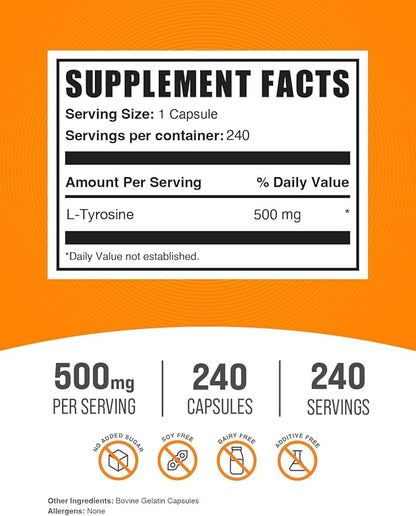 BulkSupplements.com L-Tyrosine 500mg Capsules - Tyrosine Supplement, L-Tyrosine Capsules - Amino Acid Supplement, Gluten Free, 1 Capsule per Serving, 240 Capsules (Pack of 1)