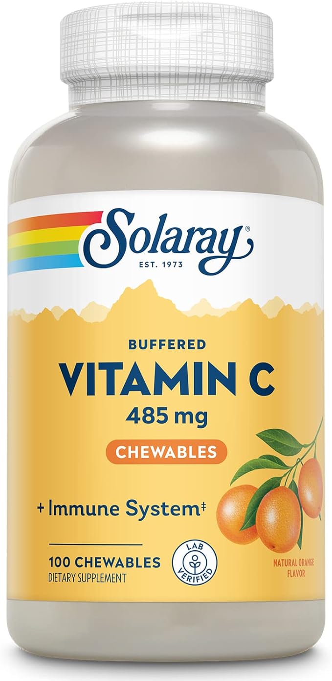 SOLARAY Chewable Vitamin C with Rose HIPS and Acerola Cherry - Buffered Vitamin C for Gentle Digestion - Immune Support Supplement - Natural Orange Flavor, 60-Day Guarantee, 100 Serv, 100 Chewables