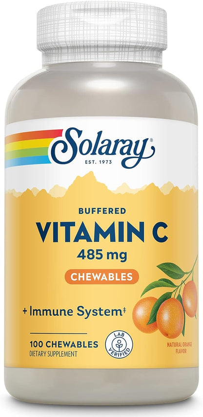 SOLARAY Chewable Vitamin C with Rose HIPS and Acerola Cherry - Buffered Vitamin C for Gentle Digestion - Immune Support Supplement - Natural Orange Flavor, 60-Day Guarantee, 100 Serv, 100 Chewables