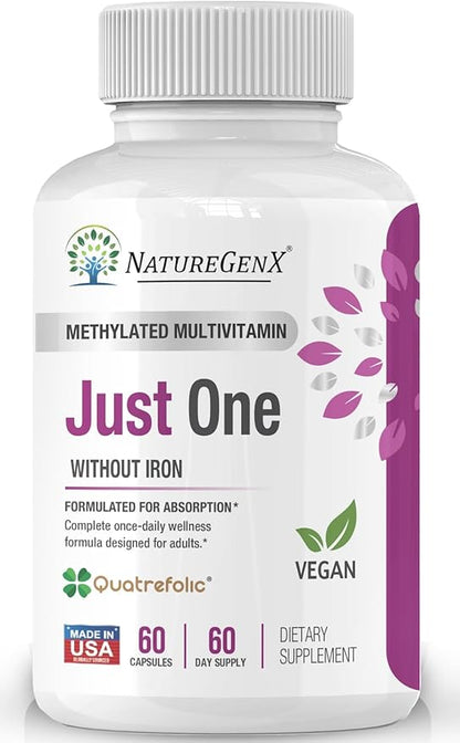 Just One Daily Methylated Multivitamin - 60 Caps Pure Methyl B12, Methylfolate MTHFR Support Supplement Iron Free Methylated Vitamins for Men & Women 2 Months Supply Gluten Free