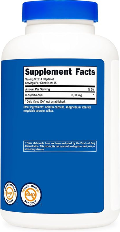 Nutricost D-Aspartic Acid (DAA) Capsules 3000mg Per Serving (180 Capsules) - Non-GMO