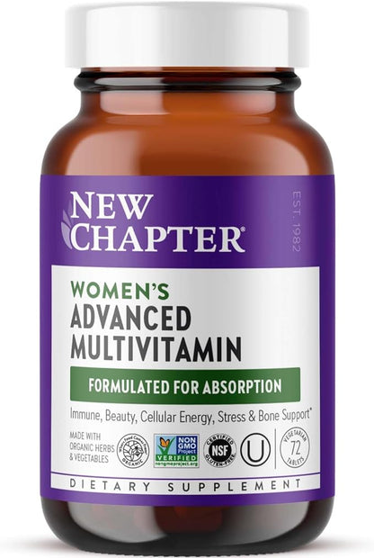 New Chapter Women's Multivitamin Advanced Formula for Stress, Bone, Immune, Beauty & Energy Support, Higher Levels of Whole-Food Fermented Essential Nutrients for Women + Iron + Vitamin D3, 72 Count