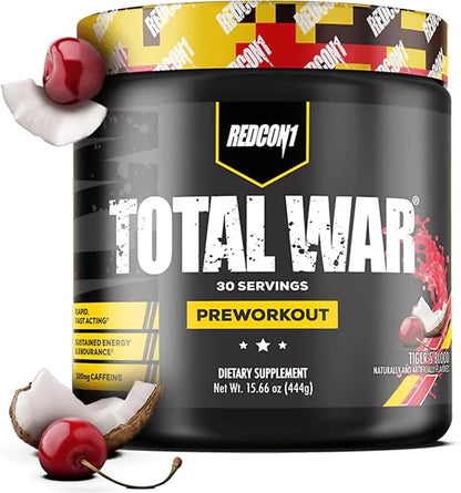 REDCON1 Total War Pre Workout - L Citrulline, Malic Acid, Green Tea Leaf Extract for Pump Boosting Pre Workout for Women & Men - 3.2g Beta Alanine to Reduce Exhaustion, Tiger's Blood, 30 Servings