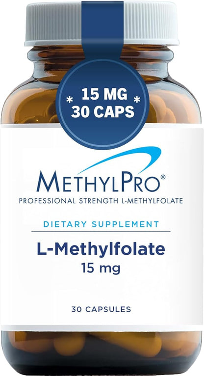 MethylPro 15mg L-Methylfolate - Professional Strength Active Methylfolate, 5-MTHF Supplement for Mood Support & Brain Health - Non-GMO + Gluten-Free with No Fillers (30 Capsules)