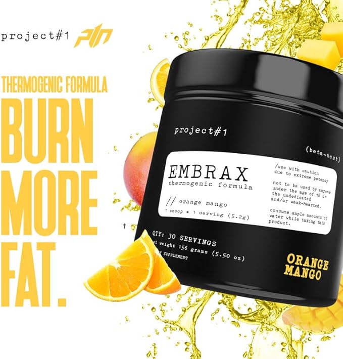 Project #1 Embrax: Thermogenic Preworkout Fat Burner Powder - Best Belly Fat Burner for Women & Men, L-Carnitine Supplement for Weight Loss, and Workout Performance | [30 Servings] - Orange Mango