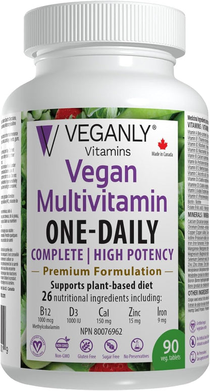 Vegan Multivitamin One-Daily, (90 Veg Tablets). Complete Vegan Nutrition Support for Plant-Based, Vegan or Vegetarian Diets. 26 Essentials with High Potency in B12 & D3.