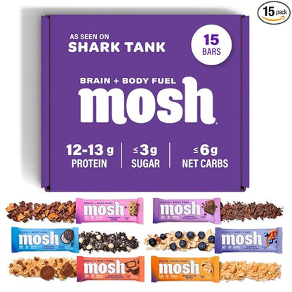 MOSH Variety Pack Keto Protein Bars, High Fiber, Low Carb, Gluten Free, High Protein, Brain Healthy Snack with Ashwagandha, Lion's Mane, 15 Count