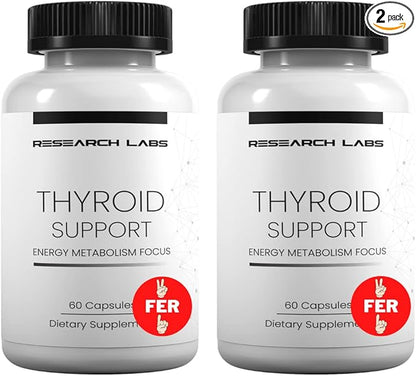 Research Labs Thyroid Support + Iodine Supplement - Energy, Metabolism, Focus (120 Total Capsules) - 2 Pack. Supports Proper Hormone Levels for Overall Well-Being. Made in USA.