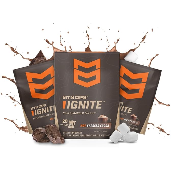 MTN OPS Hot Ignite Supercharged Energy Drink Mix Focus Enhancer, Charged Cocoa - 20 Trail Packs