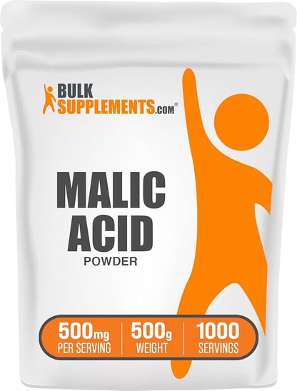 BulkSupplements.com Malic Acid Powder - Malic Acid Supplement, Malic Acid Powder Food Grade - for Energy & Skin Support, Gluten Free - 500mg per Serving, 500g (1.1 lbs)