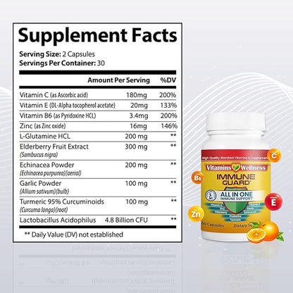 -10 in 1- Made in USA Immune Support Supplement–Elderberry Immune Guard and Booster with Zinc and Vitamin C, Vitamin B6, Turmeric, Garlic, Echinacea 60 Count/1 Month Supply