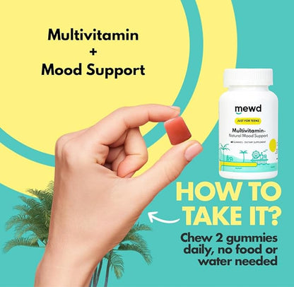 MEWD Teen/Kids Daily Multivitamin Gummy with Natural Mood Enhancer,Vegan,Immune System Booster Supplement,Kids Vitamin with Iron,Zinc,Gluten Free-Focus Vitamin for Kids-Brain Health-Made in USA