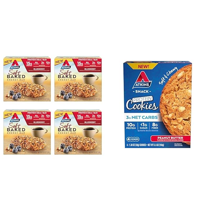 Atkins Soft Baked Energy Bars, Blueberry, 15g Protein,2g Sugar, Excellent Source & Peanut Butter Protein Cookie, Protein Dessert, Rich in Fiber, 3g Net Carb, 1g Sugar