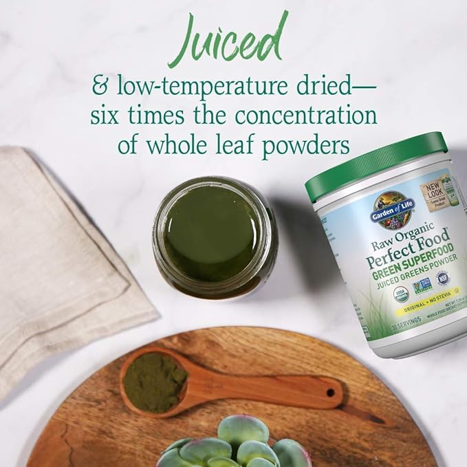 Garden of Life Raw Organic Perfect Food Green Superfood Juiced Greens Powder - Original Stevia-Free, 30 Servings, Non-GMO, Gluten Free Whole Food Dietary Supplement, Alkalize, Detoxify, Energize