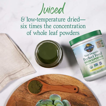 Garden of Life Raw Organic Perfect Food Green Superfood Juiced Greens Powder - Original Stevia-Free, 30 Servings, Non-GMO, Gluten Free Whole Food Dietary Supplement, Alkalize, Detoxify, Energize