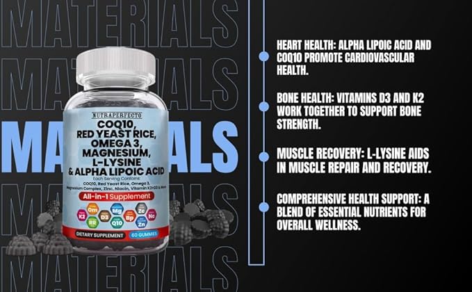 L-Lysine Coq10 Alpha Lipoic Acid Gummies Red Yeast Rice Magnesium Gummy for Adults and Kids - Amino Acid Supplements Omega 3 Niacin Zinc Vitamin K2 D3 B3 - Vitamins for Women and Men - 60 Gummy Bears