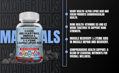 L-Lysine Coq10 Alpha Lipoic Acid Gummies Red Yeast Rice Magnesium Gummy for Adults and Kids - Amino Acid Supplements Omega 3 Niacin Zinc Vitamin K2 D3 B3 - Vitamins for Women and Men - 60 Gummy Bears
