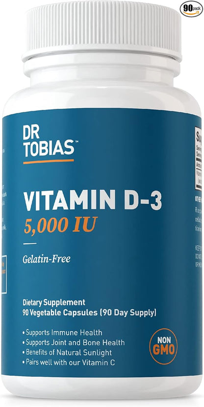 Dr. Tobias Vitamin D3 5000 IU, Essential for Healthy Bones, Teeth, and Immune System, Extra Strength Vitamin D Supplement, Non-GMO, 90 Capsules, 90 Servings