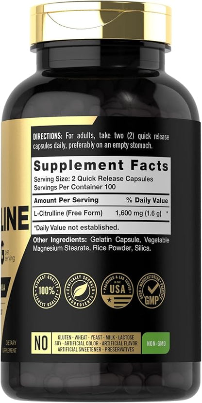 Carlyle L Citrulline Capsules 1600mg | 200 Count | Advanced Athlete Formula Non-GMO, Gluten Free Supplement