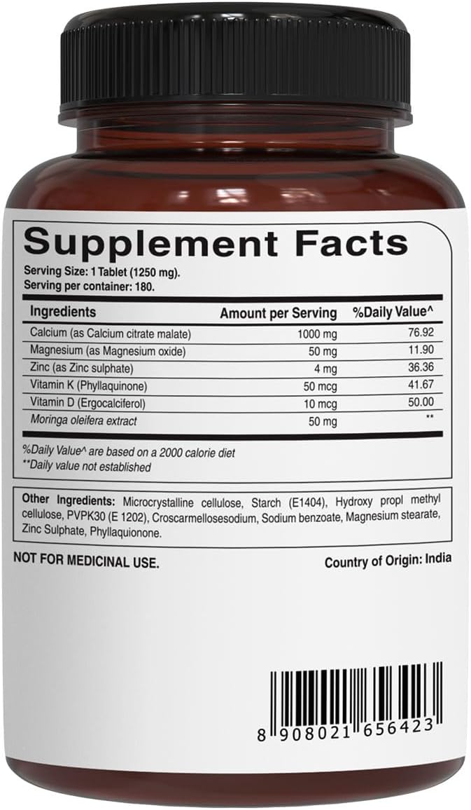 Pure Nutrition Ultra Calcium Citrate Malate | 1000mg Highly absorbable Calcium Supplement with Calcium Citrate Malate, Vitamin D3, Magnesium and Zinc | Non-GMO | Gluten-Free | 180 Veg Tabs