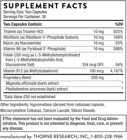 THORNE Craving and Stress Support (Formerly Relora Plus) - 5-MTHF, B Vitamins, Folate, and Plant Extracts to Support Sleep, Cravings, and Stress - 60 Capsules - 30 Servings