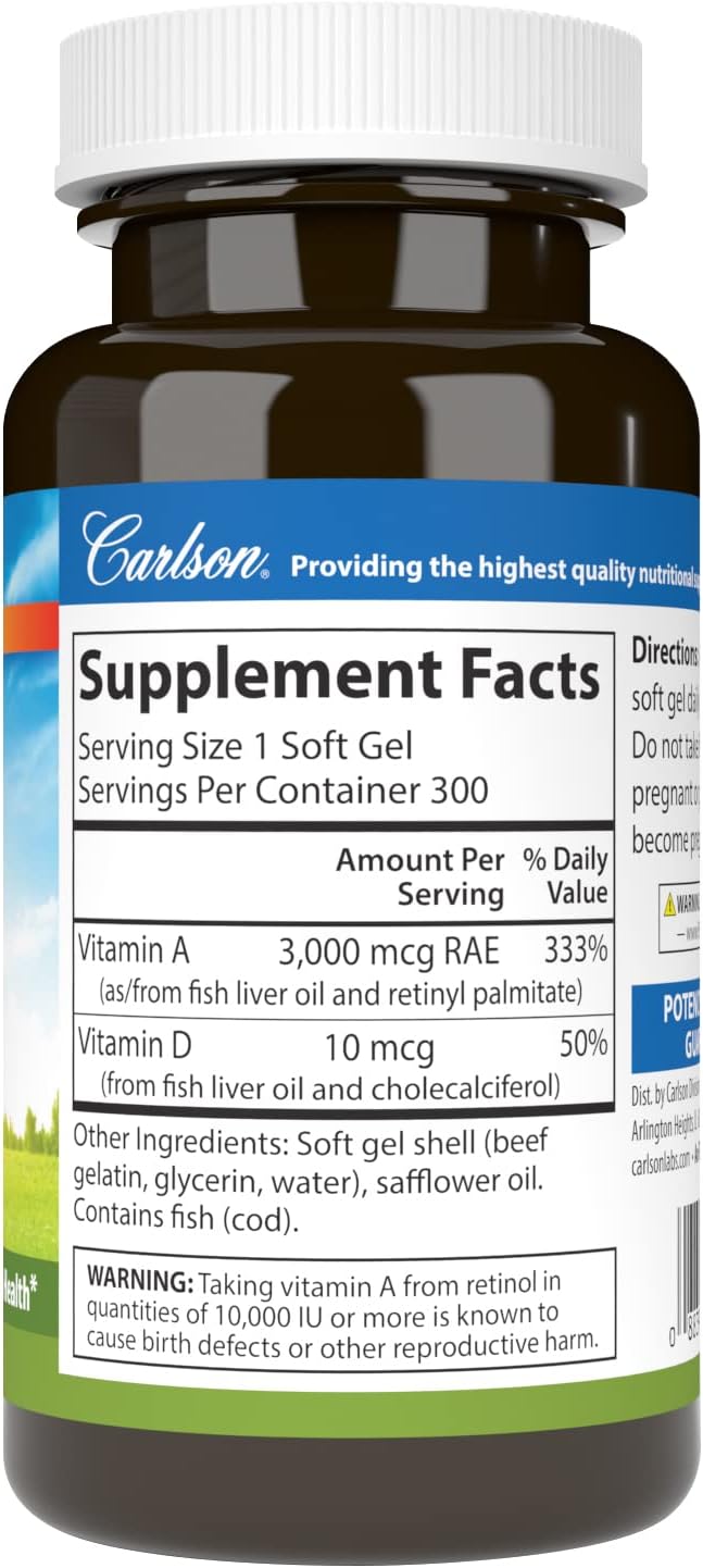 Carlson - A & D, 10000 IU (3000 mcg RAE) Vitamin A, 400 IU (10 mcg) Vitamin D3, Vision Support, Skin Health, 300 Soft Gels
