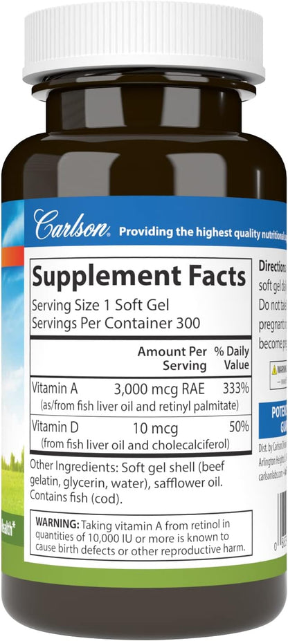 Carlson - A & D, 10000 IU (3000 mcg RAE) Vitamin A, 400 IU (10 mcg) Vitamin D3, Vision Support, Skin Health, 300 Soft Gels