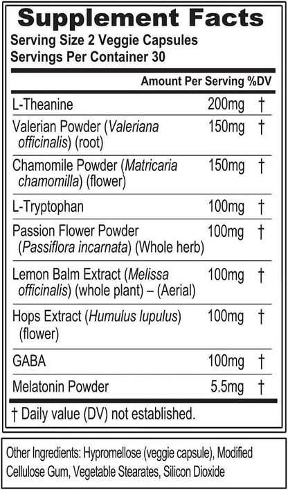 Evlution Nutrition Herbal Complex Sleep Supplements for Adults Gentle Sleep Support Adult Melatonin Pills with Valerian L-Tryptophan Lemon Balm and More - Restful Calm Sleep Capsules - 30 Servings
