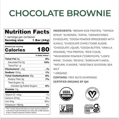 Organic Functional Mushroom Protein Bars | Full Dose (1500mg) Lions Mane, Chaga, Reishi & Cordyceps Bars | Vegan Protein Bars, Adaptogens, Superfoods Protein Bars | Chocolate Brownie Flavor