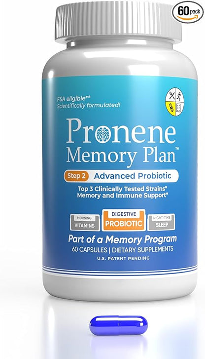 Pronene Memory Plan Advanced Probiotic | Top 3 strains w/Lactobacillus acidophilus, Bifidobacterium bifidum, Bifidobacterium longum | Supports Immunity, microbiome, Memory Health (60caps)