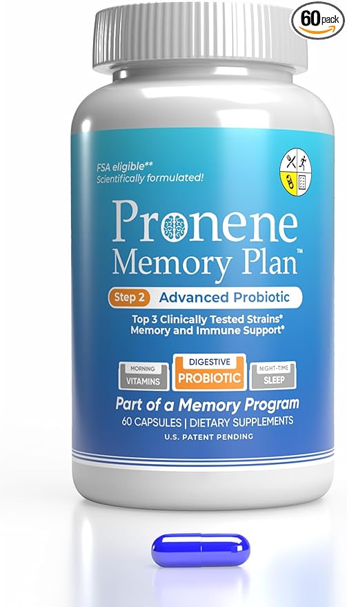 Pronene Memory Plan Advanced Probiotic | Top 3 strains w/Lactobacillus acidophilus, Bifidobacterium bifidum, Bifidobacterium longum | Supports Immunity, microbiome, Memory Health (60caps)