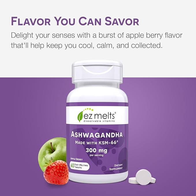EZ Melts Dissolvable KSM-66 Ashwagandha®, 300 mg, Sugar-Free, Stress, Sleep and Mood Support Supplement, 30-Day Supply, Apple Berry-Flavor