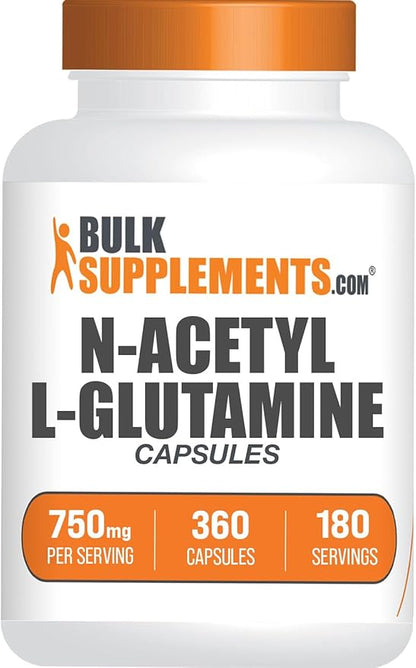 BulkSupplements.com N-Acetyl L-Glutamine Capsules - Glutamine Supplement, Glutamine 750mg - for Gut Health, Gluten Free, 2 Capsules per Serving, 360 Capsules (Pack of 1)