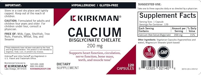 Kirkman - Calcium Bisglycinate Chelate 200mg - 120 Capsules - Without Vitamin D3 - Helps Maintain Strong Bones - Hypoallergenic
