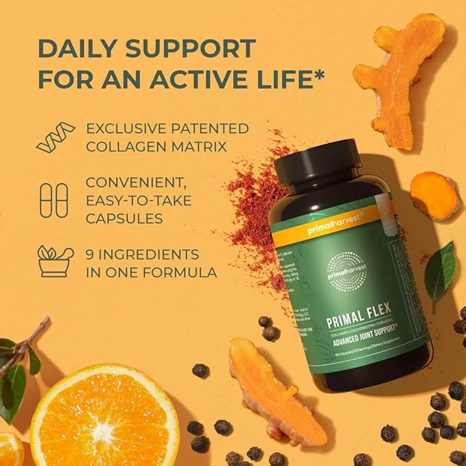 Primal Harvest, Primal Flex Joint Supplement with Collagen, Turmeric, Boswellia and Ashwagandha (60 Count) 1 Pack