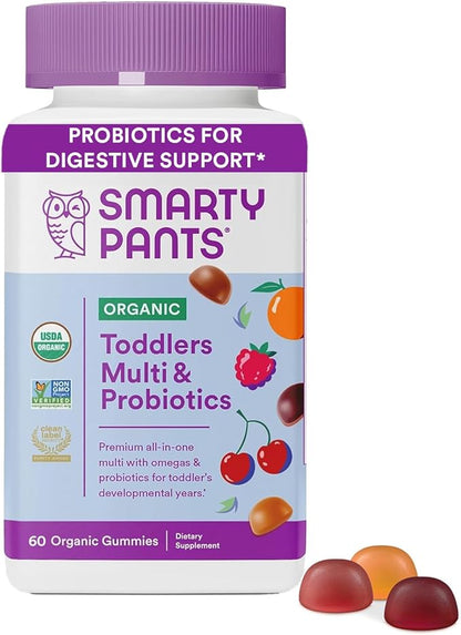 SmartyPants Organic Toddler Multivitamin, Daily Gummy Vitamins: Probiotics, Vitamin C, D3, Zinc, & B12 for Immune Support, Energy & Digestive Health, Fruit Flavor, 60 Gummies, 30 Day Supply