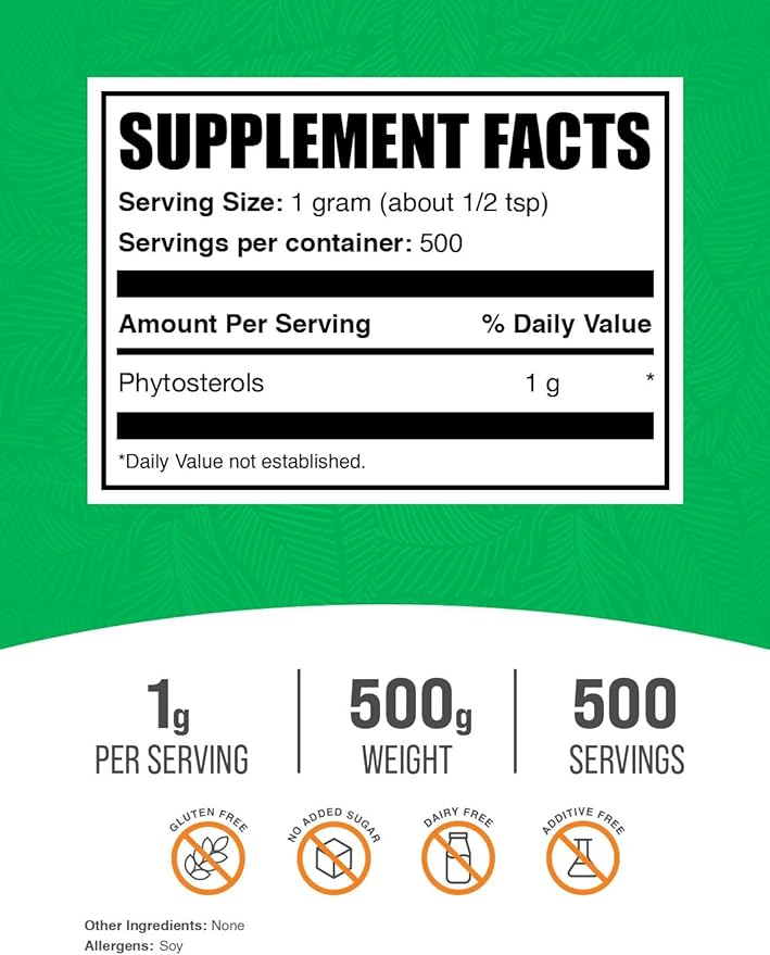 BulkSupplements.com Phytosterols Powder - Phytosterols Supplement, Beta Sitosterol Supplement - Sourced from Soy, Gluten Free, 1000mg per Serving, 500g (1.1 lbs) (Pack of 1)